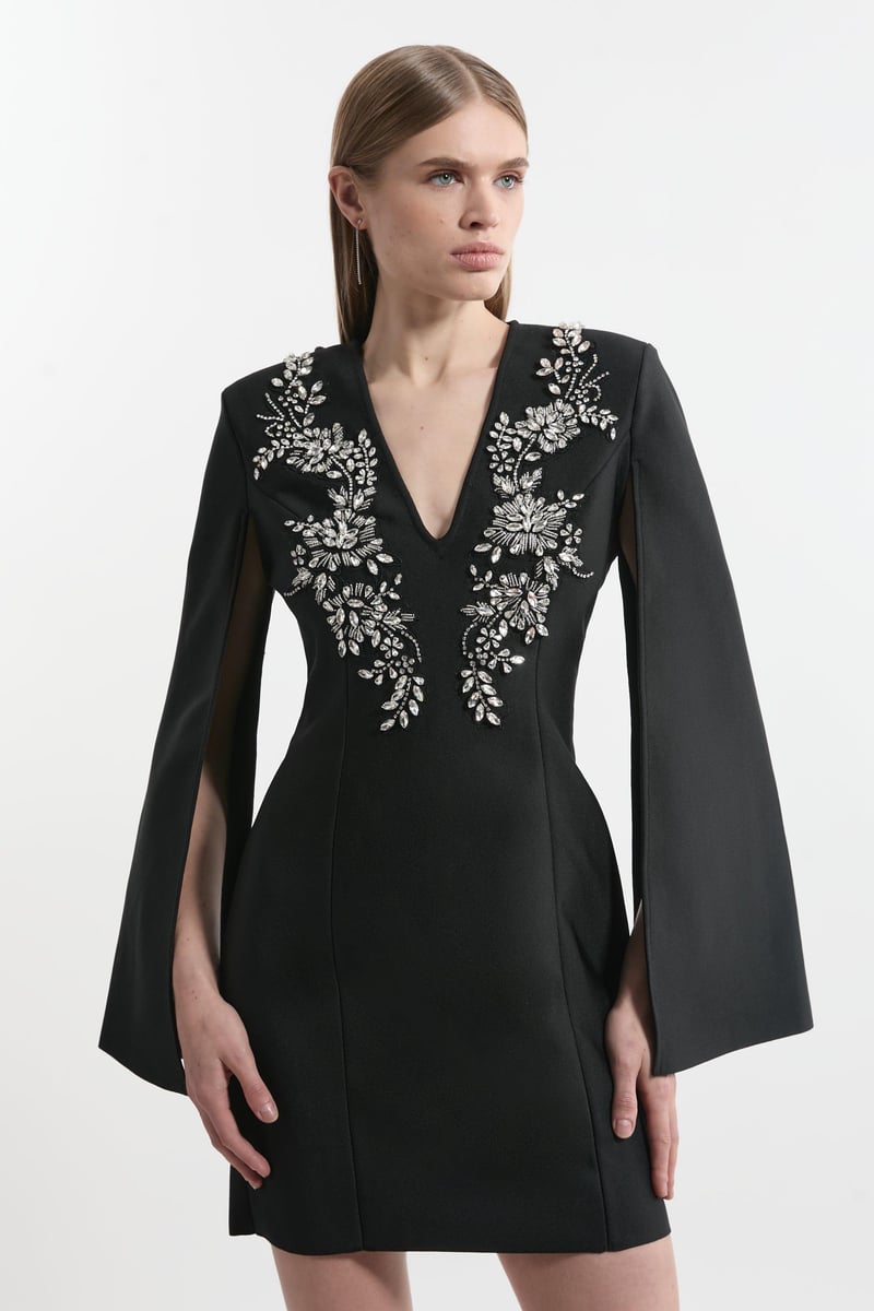 Black Embellished Cape Sleeve Bodycon Mini Dress