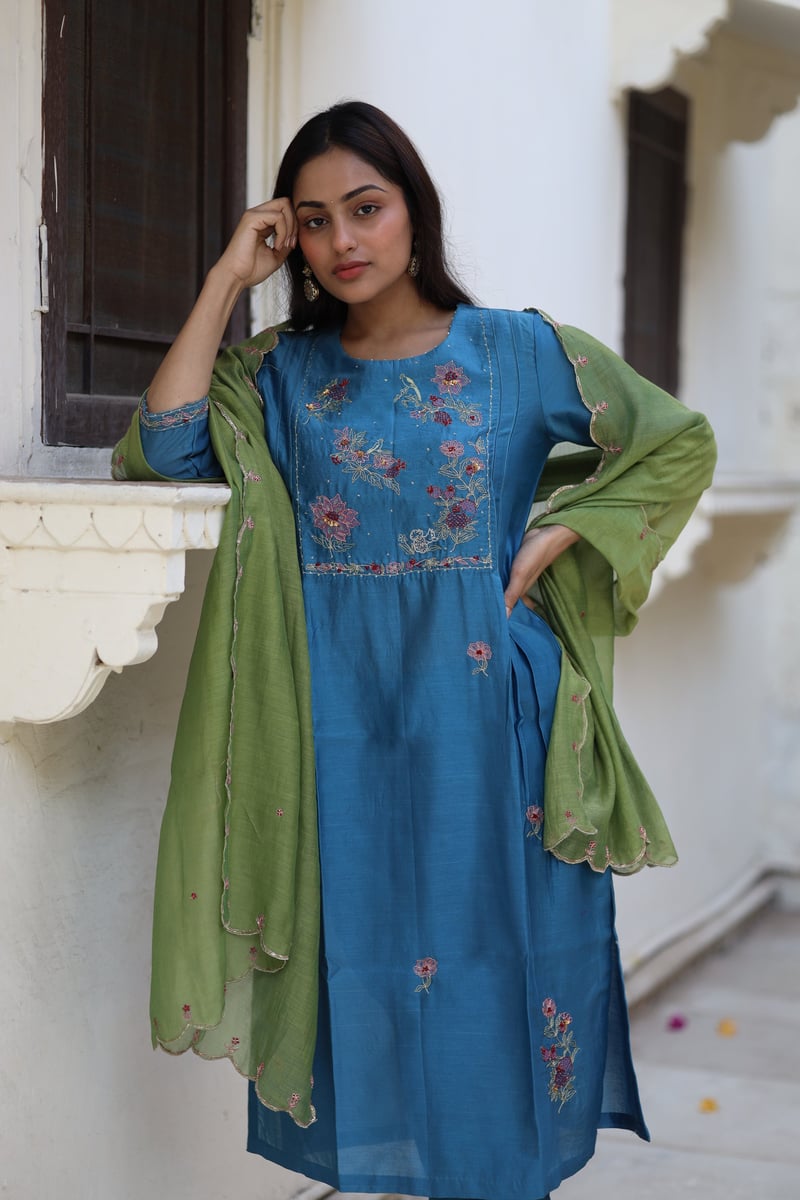 Prussian Blue Chanderi Embroidered Kurta Set with Dupatta