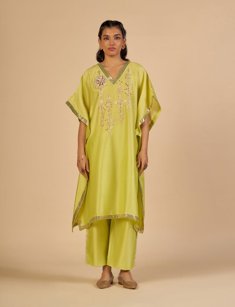 Lime Green Silk Chanderi Kaftan with Gota and Sequins — Gulabo by Abu Sandeep