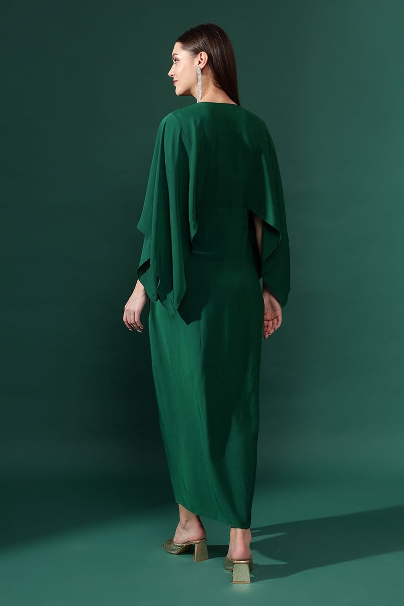 Bottle Green Silk Crepe Draped Maxi Dress with Cape Sleeves