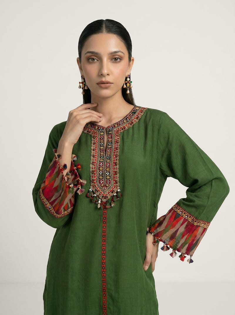 Green Muslin Silk Kurta and Wide-Leg Pants Co-ord Set