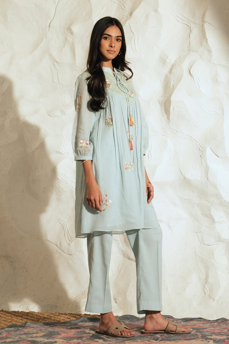 Pastel Blue Mul Mul Embroidered Co-ord Set