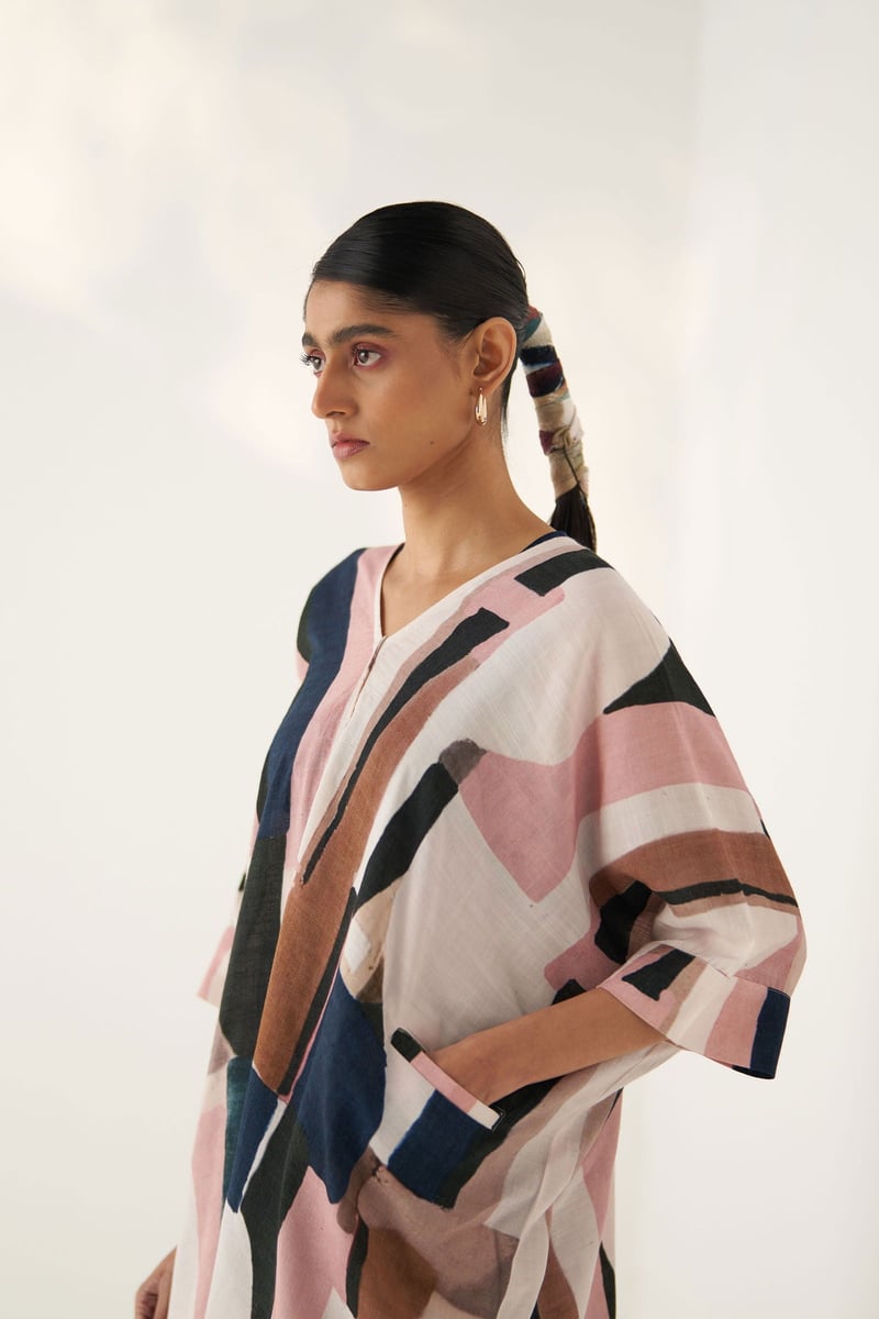 Multicolor Abstract Print V-Neck Kimono Top