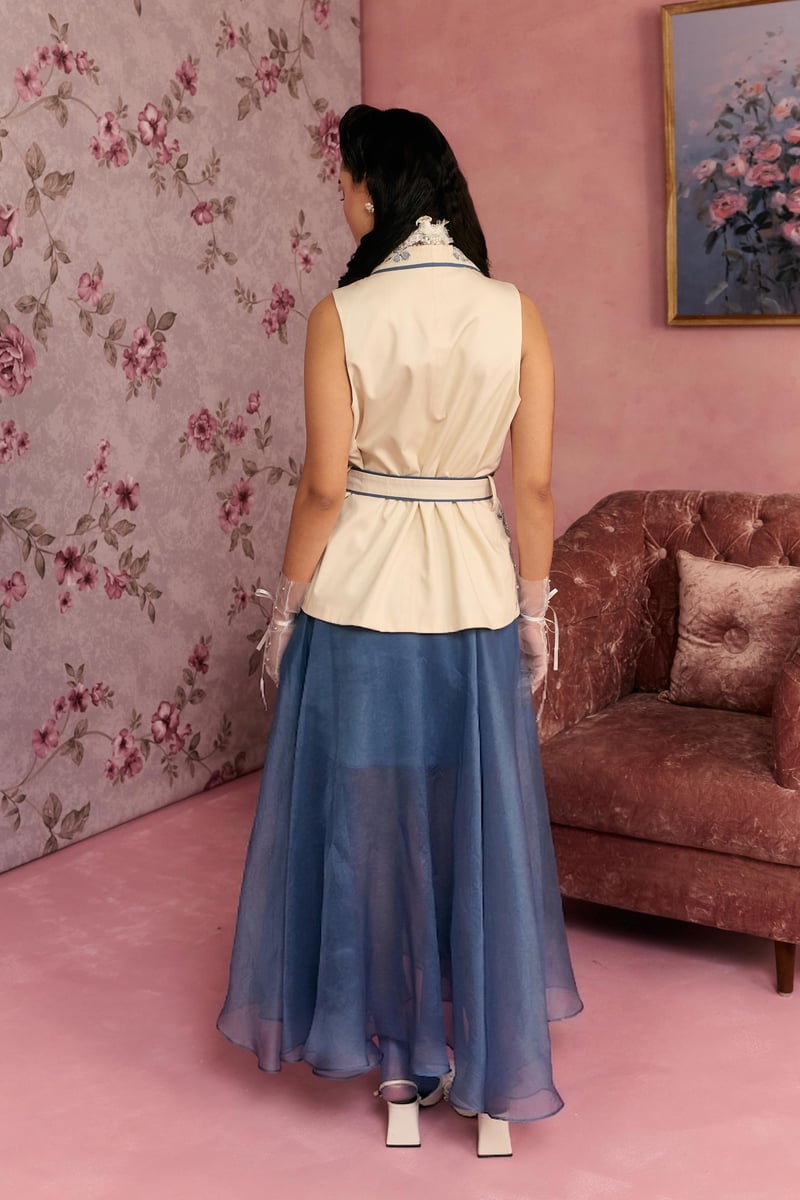 Off-White Waistcoat and Blue Maxi Skirt Co-ord Set
