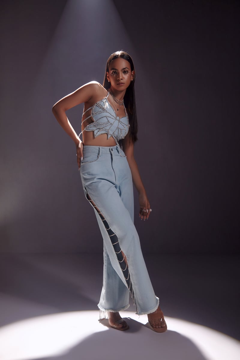 Blue Wide-Leg High-Waist Jeans with Rhinestone Side Slit