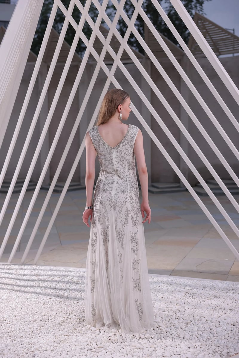 Ivory Beaded Floral Net Maxi Gown