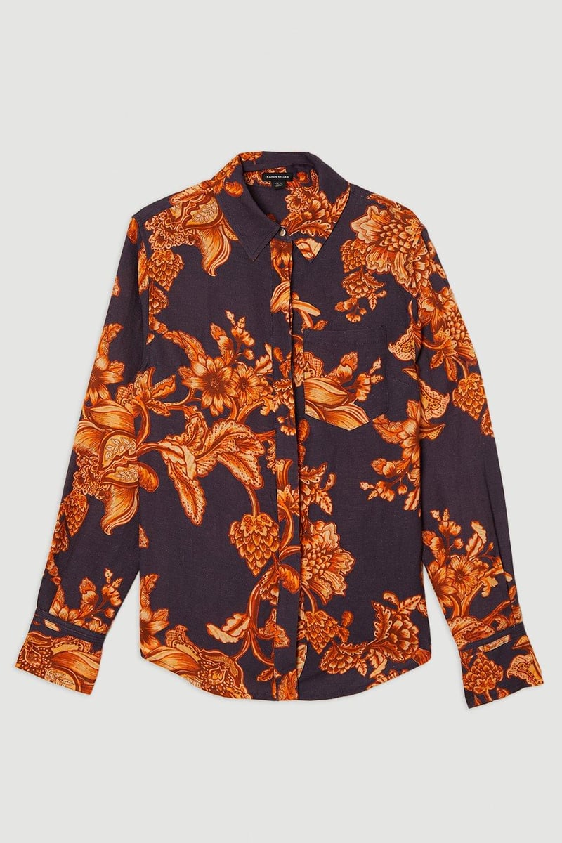 Navy Orange Floral Print Relaxed Fit Button-Front Shirt