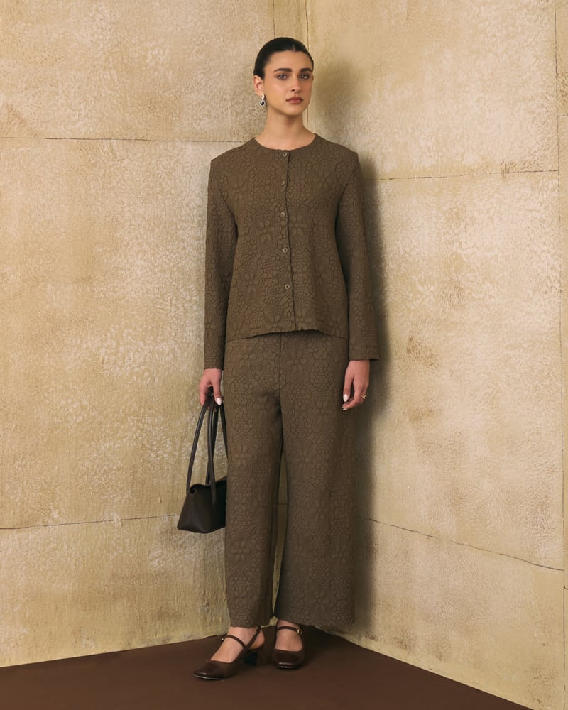 Brown Textured Jacket and Wide-Leg Pants Co-ord Set