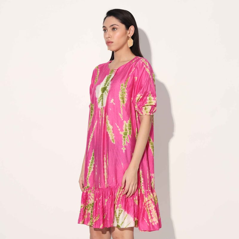 Pink Tie-Dye Tiered Knee-Length Dress