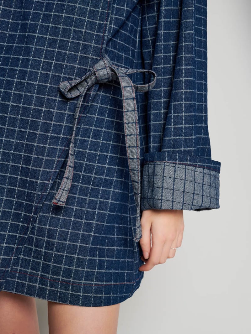 Blue Checked Oversized Wrap Mini Dress