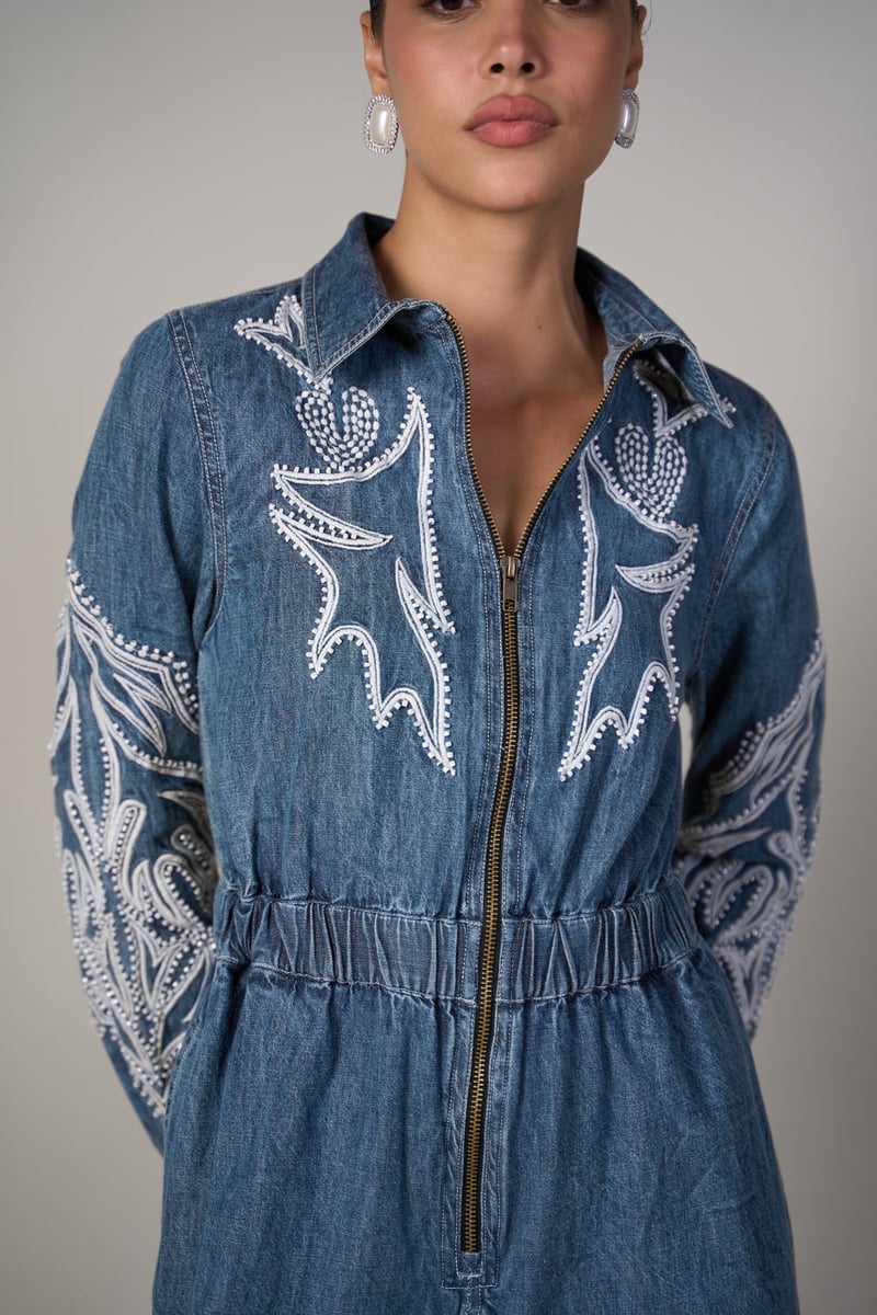 Blue Denim Zip-Front Embroidered Jumpsuit
