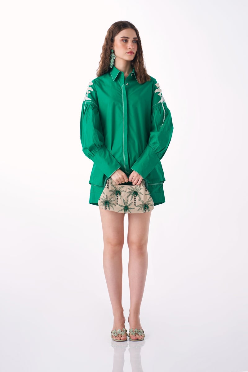 Emerald Cotton Twill Embroidered Statement Sleeve Shirt