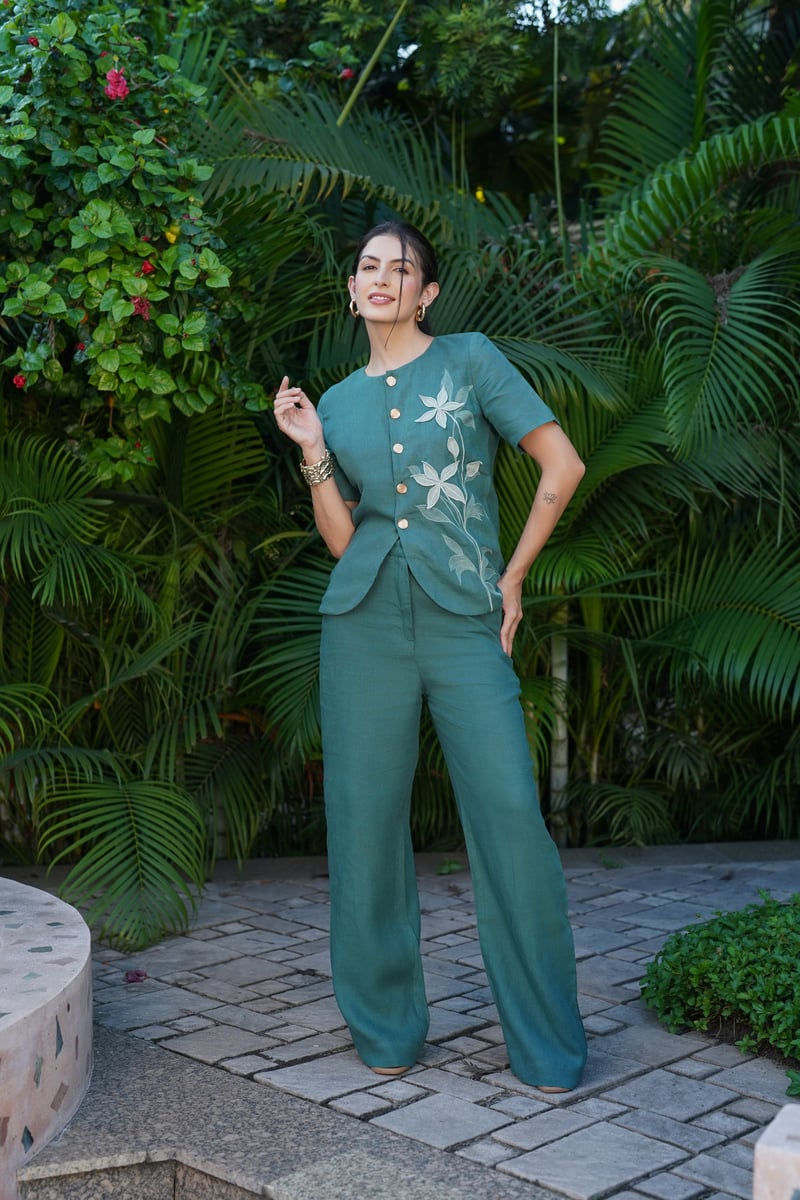 Verse Green High-Rise Straight-Leg Linen Trousers