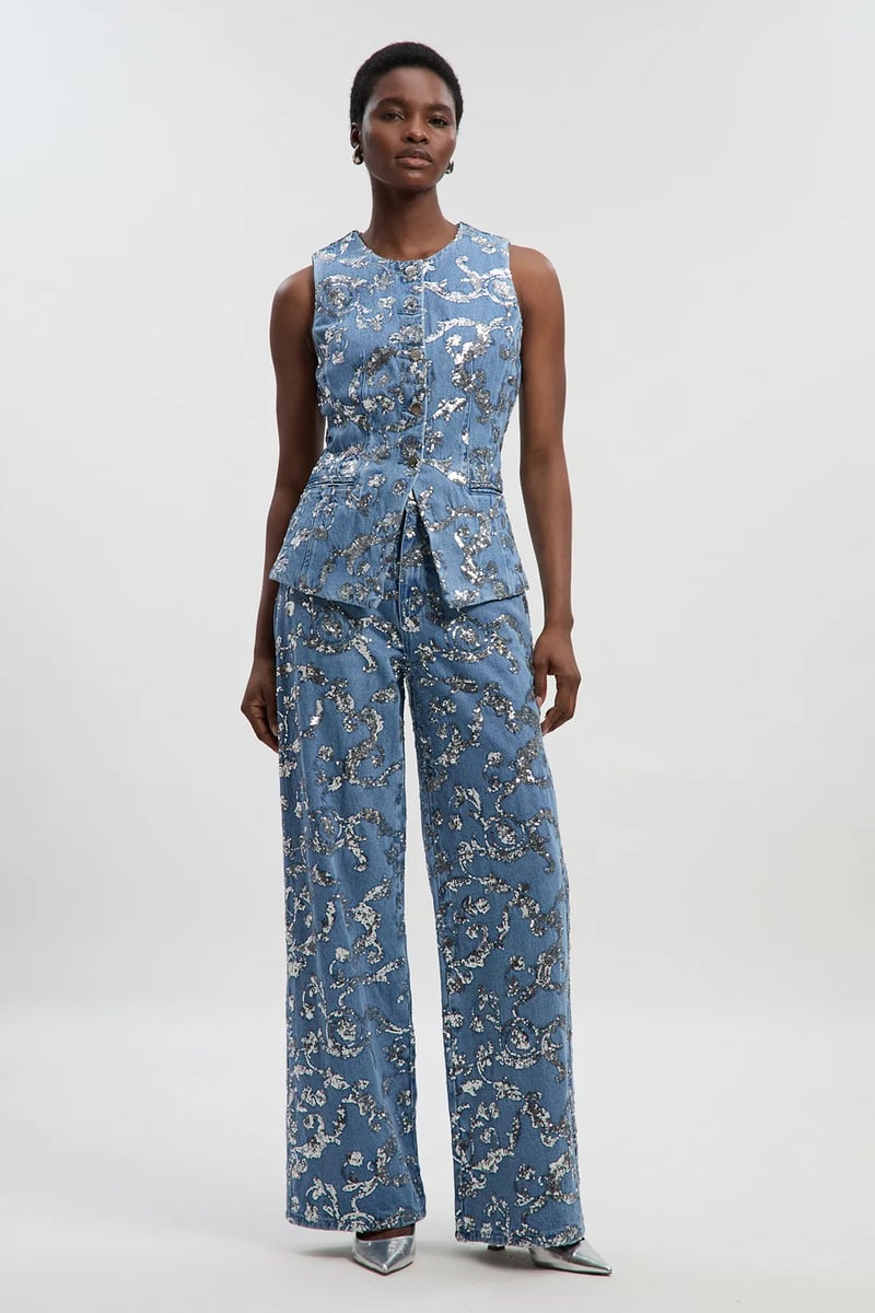 Mid Blue High-Rise Wide-Leg Sequin Jeans