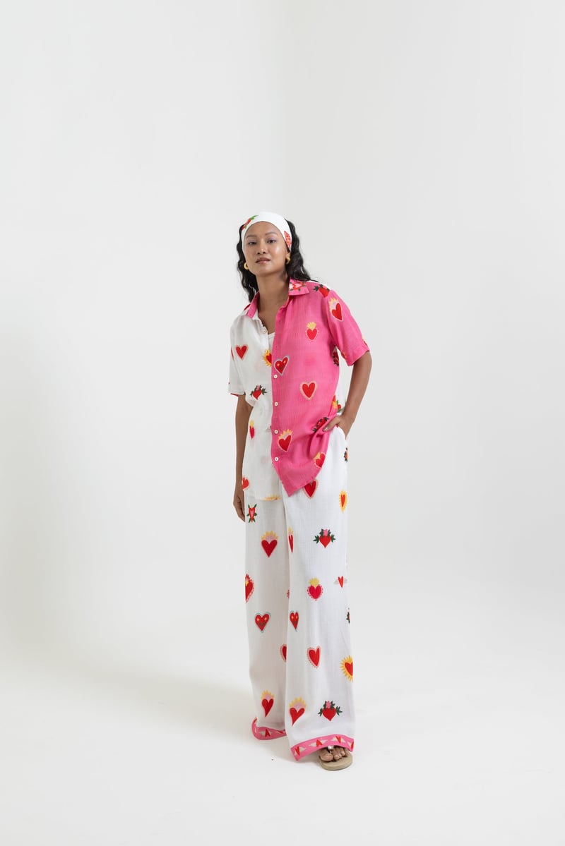 White and Pink Colorblock Heart Print Button-Up Shirt