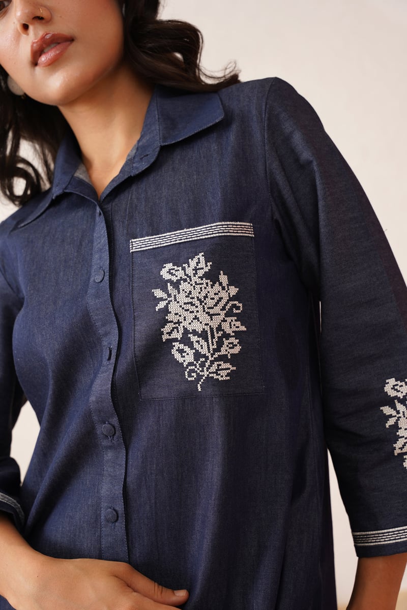 Blue Denim Cross-Stitch Embroidered Co-ord Set