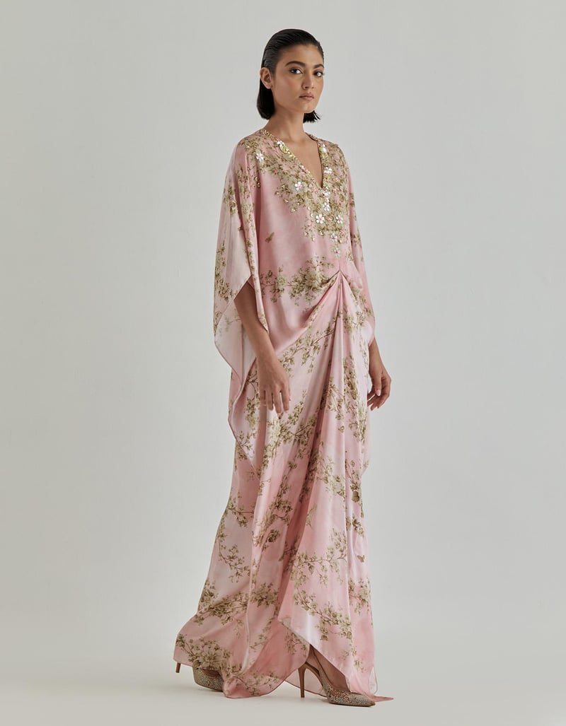 Pink Jardin Flou Printed Kaftan Embroidery