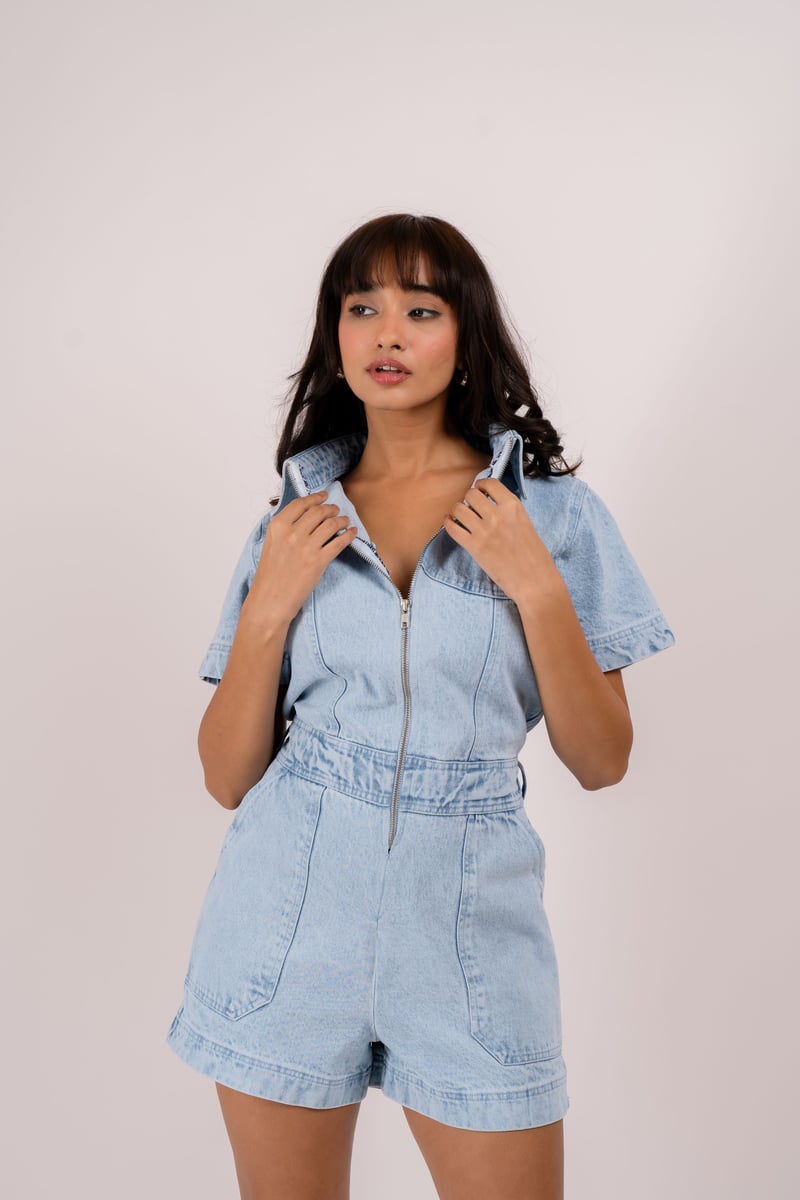 Light Blue Denim Zip-Front Playsuit Romper — OSE STUDIO