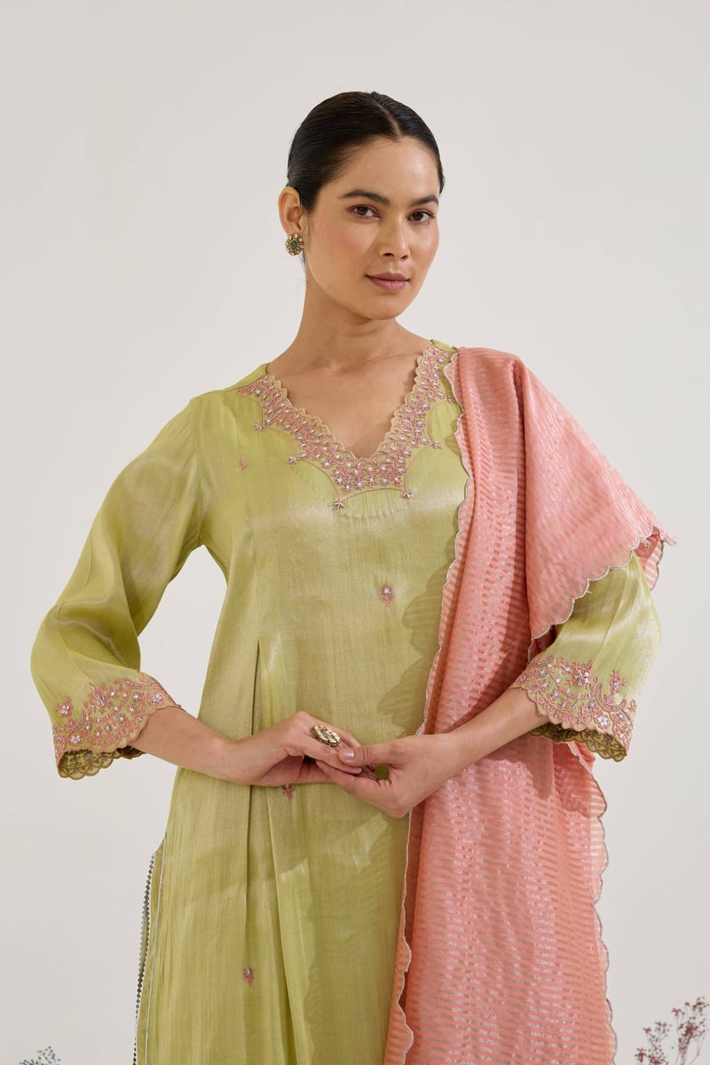Lime Tissue Embroidered Kurta Set with Wide-Leg Pants