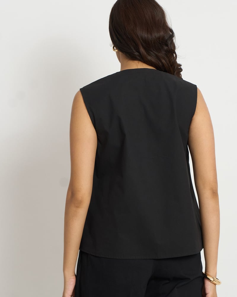 Black Cotton Notch-Neck Relaxed A-Line Sleeveless Top