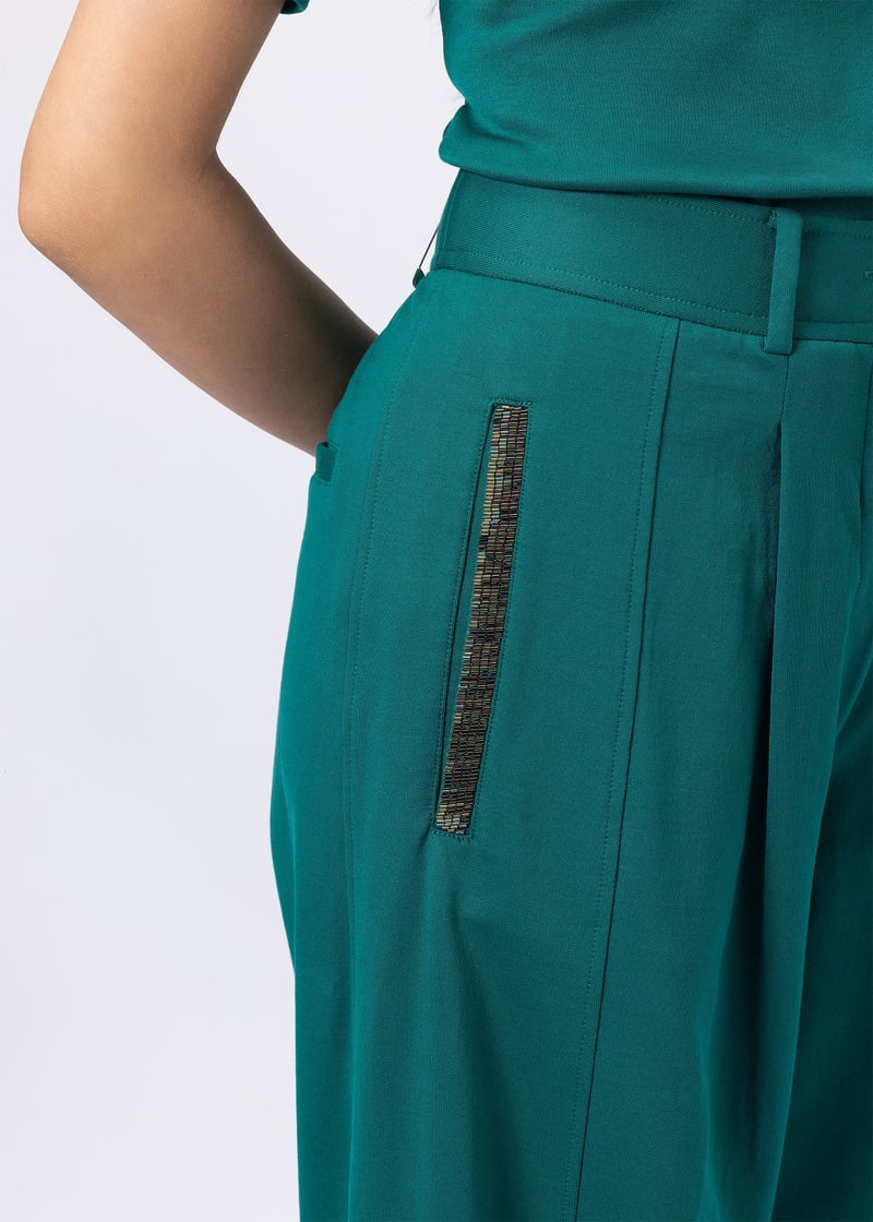 Pine Green High-Rise Barrel-Leg Trousers