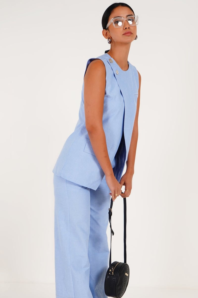 Blue Chambray Asymmetric Sleeveless Top Coat