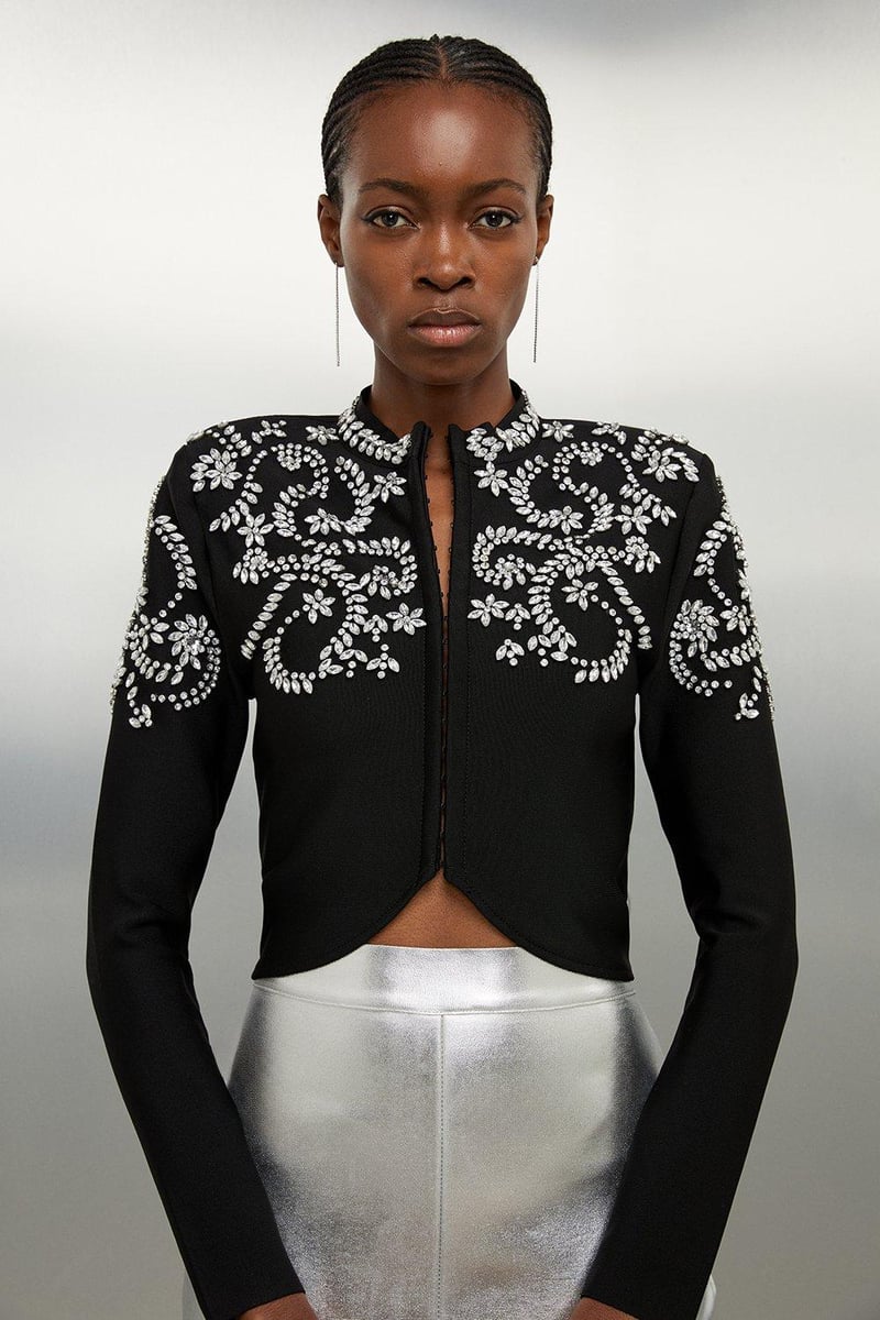 Black Cropped Crystal-Embellished Zip Jacket — KAREN MILLEN