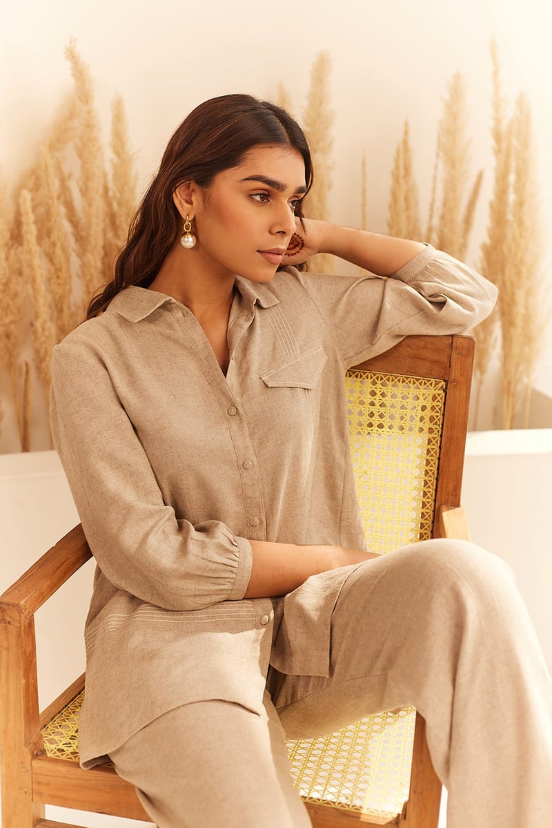 Beige Linen-Viscose Shirt and Pants Co-ord Set