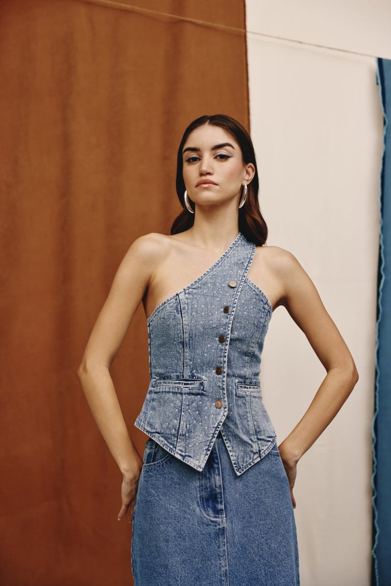 Deep Indigo Studded Denim High-Waist Midi Skirt