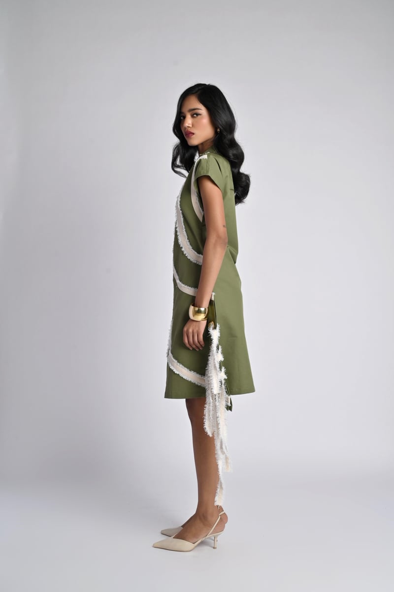 Olive Colorblocked Zip-Front Fringe Dress