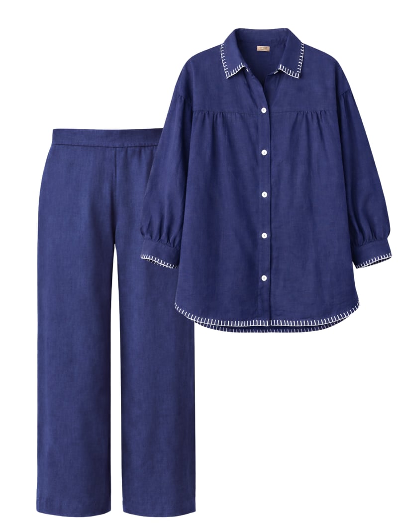 Navy Blue Linen Blend Co-ord Set with Blanket Stitch Trim