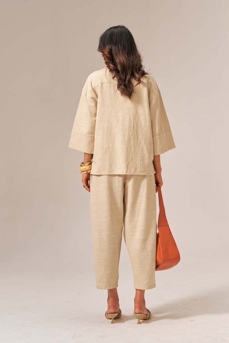 Beige Cotton Slub Shirt and Tapered Pants Co-ord Set