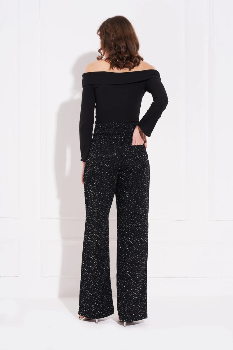 Black Crystal-Embellished Wide-Leg Denim Trousers