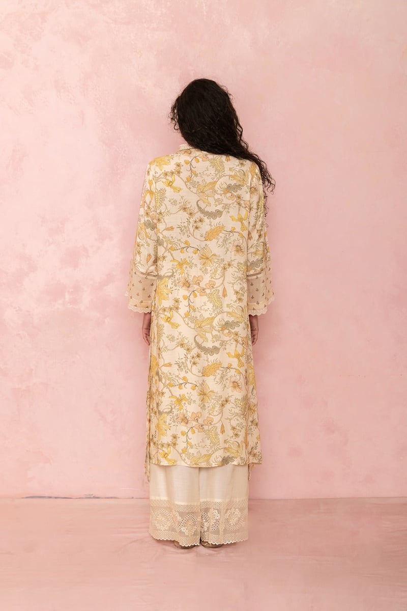 Soft Yellow Floral Kurta and Straight Pants Set