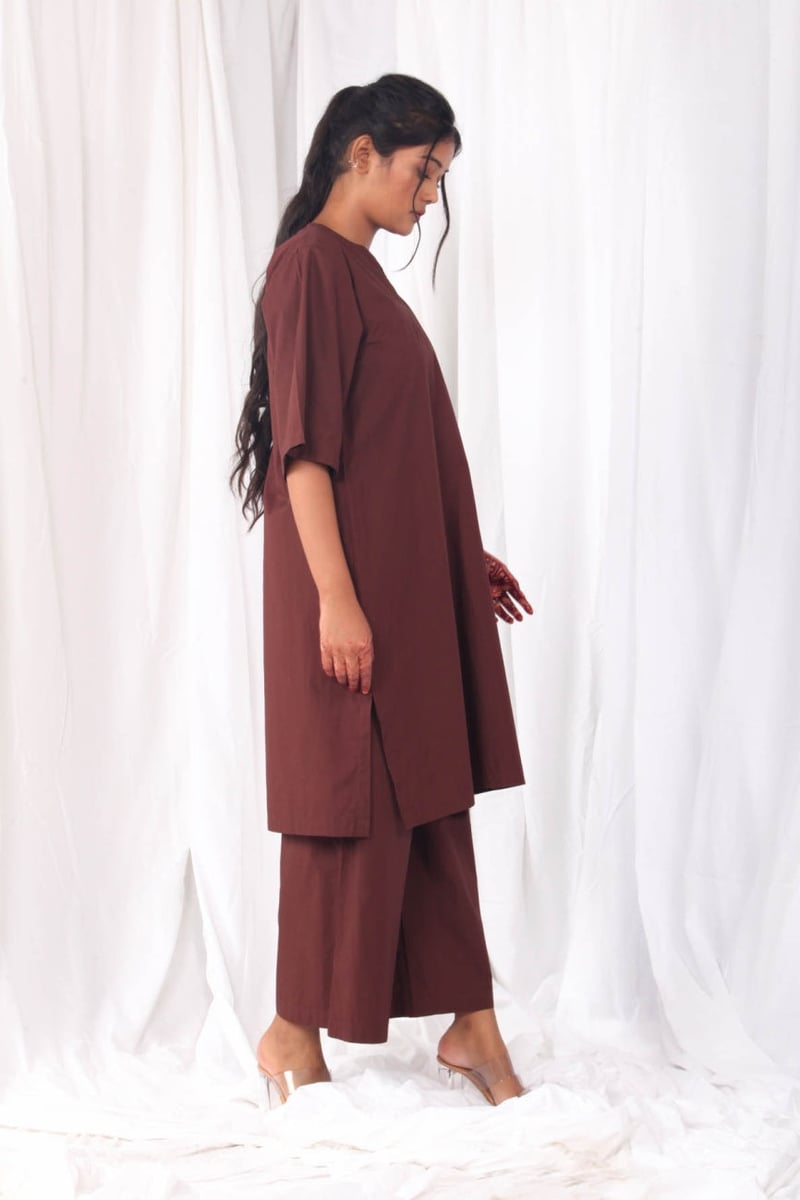 Brown Poplin Cotton V-Neck Longline Top