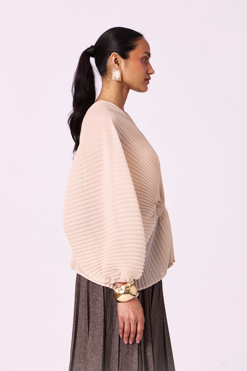 Cream Pleated Kaftan-Inspired V-Neck Batwing Top
