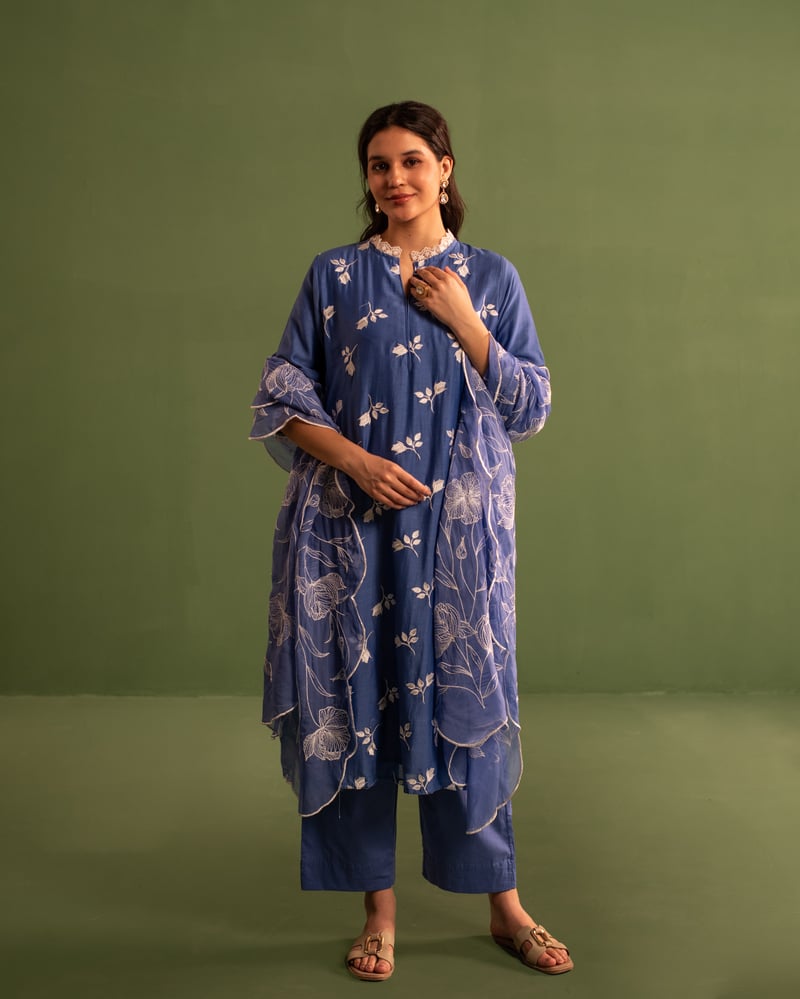 Space Blue Floral Embroidered Chanderi Suit Set — Kameez