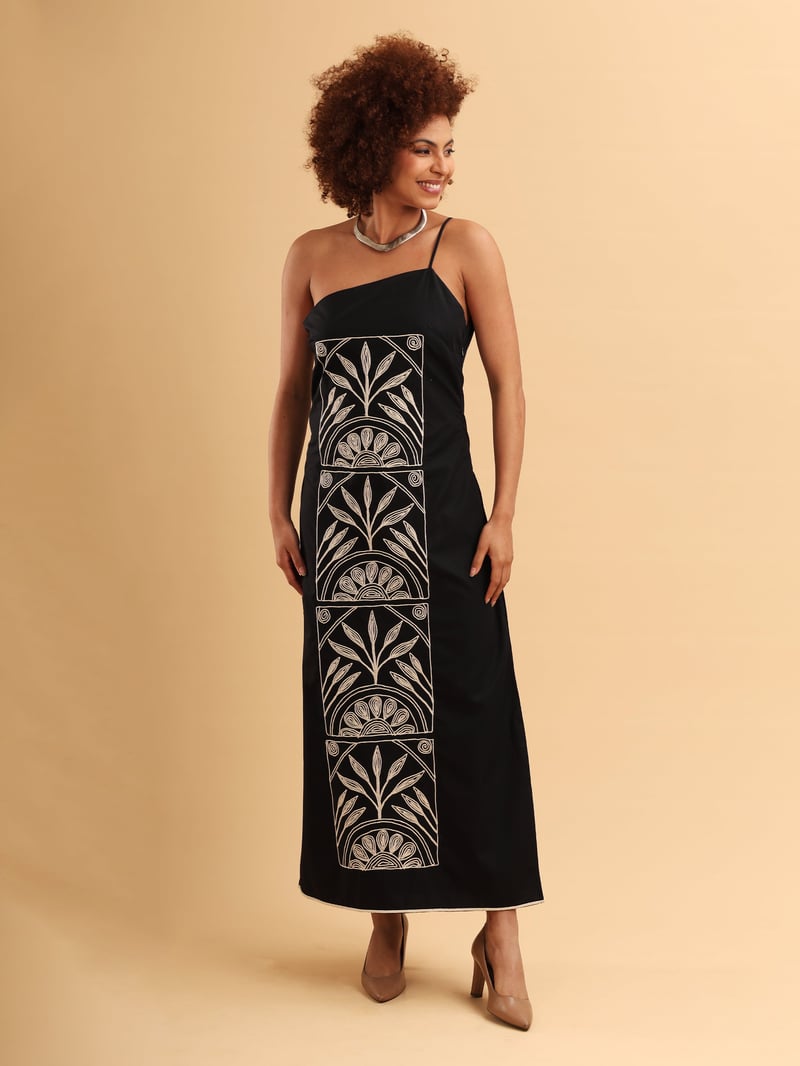 Black One-Shoulder Maxi Dress with Embroidered Panel