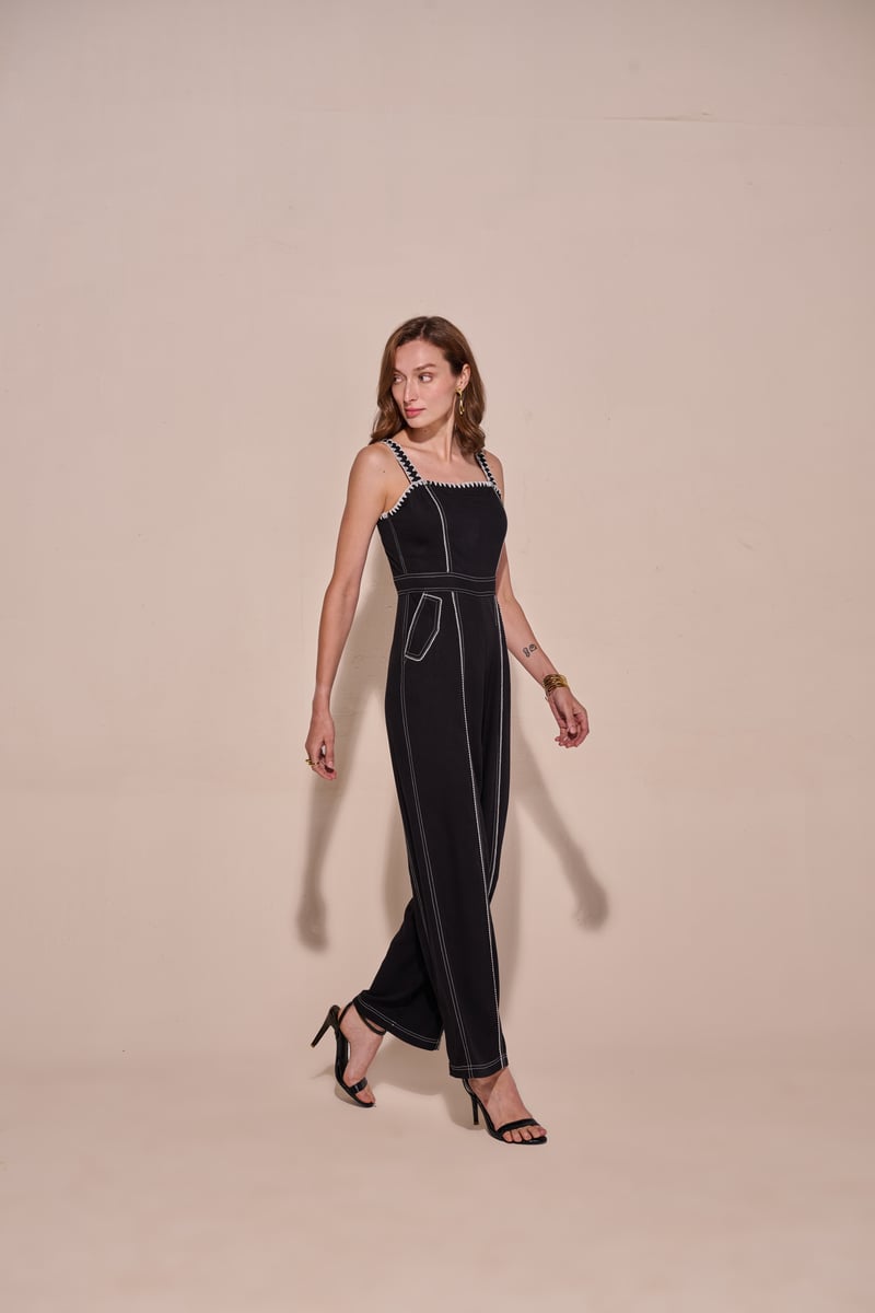 Black Square Neck Wide-Leg Jumpsuit with Contrast Stitching