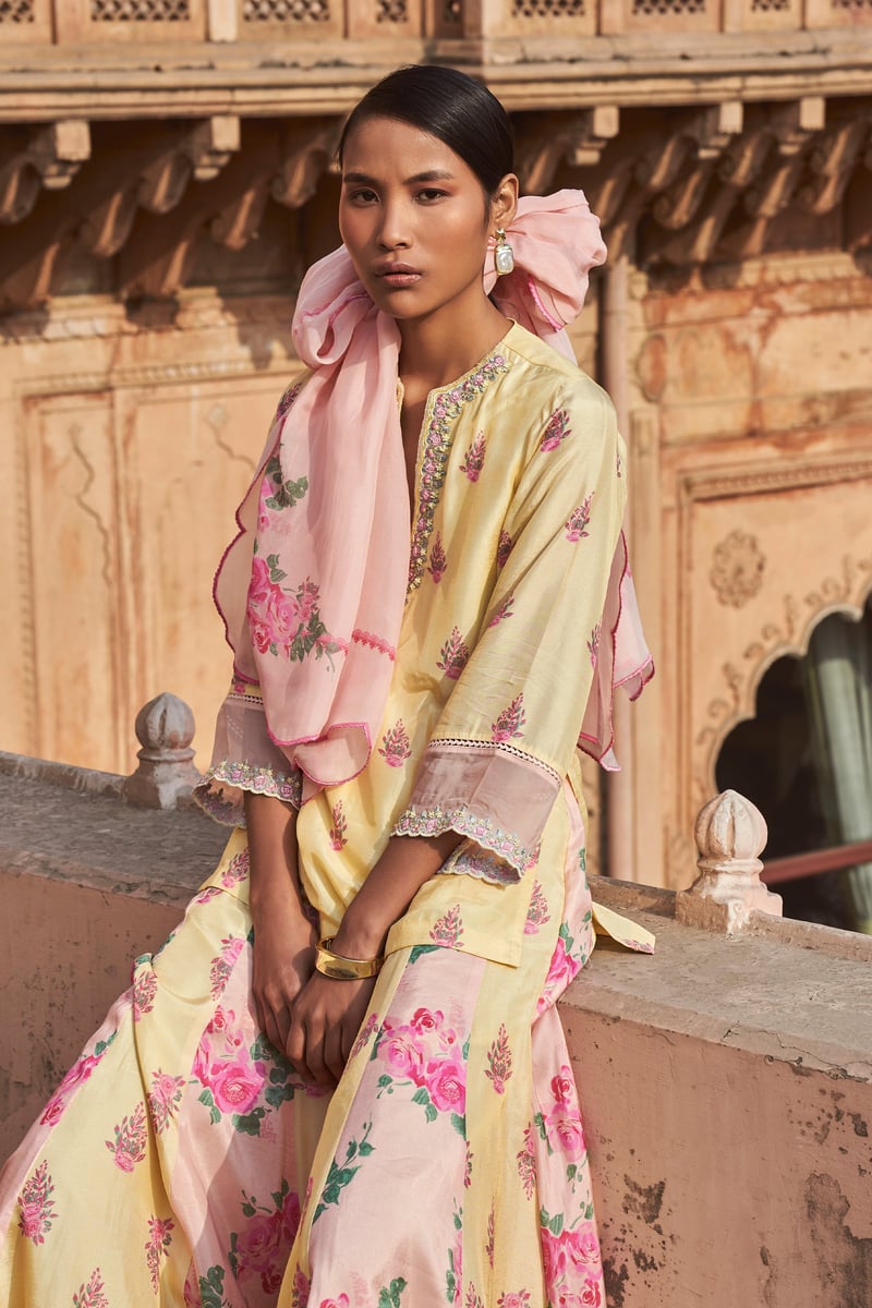 Yellow Floral Silk Kurta Sharara Set with Organza Dupatta