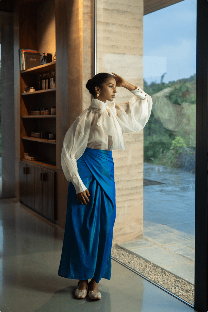 Ultramarine Blue Glossy Chinon Wrap Midi Skirt