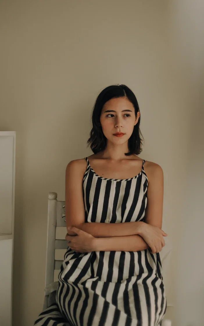 Black/White Striped Cotton Midi Slip Dress