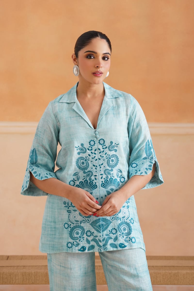 Aqua Blue Linen Embroidered Kurta Co-ord Set