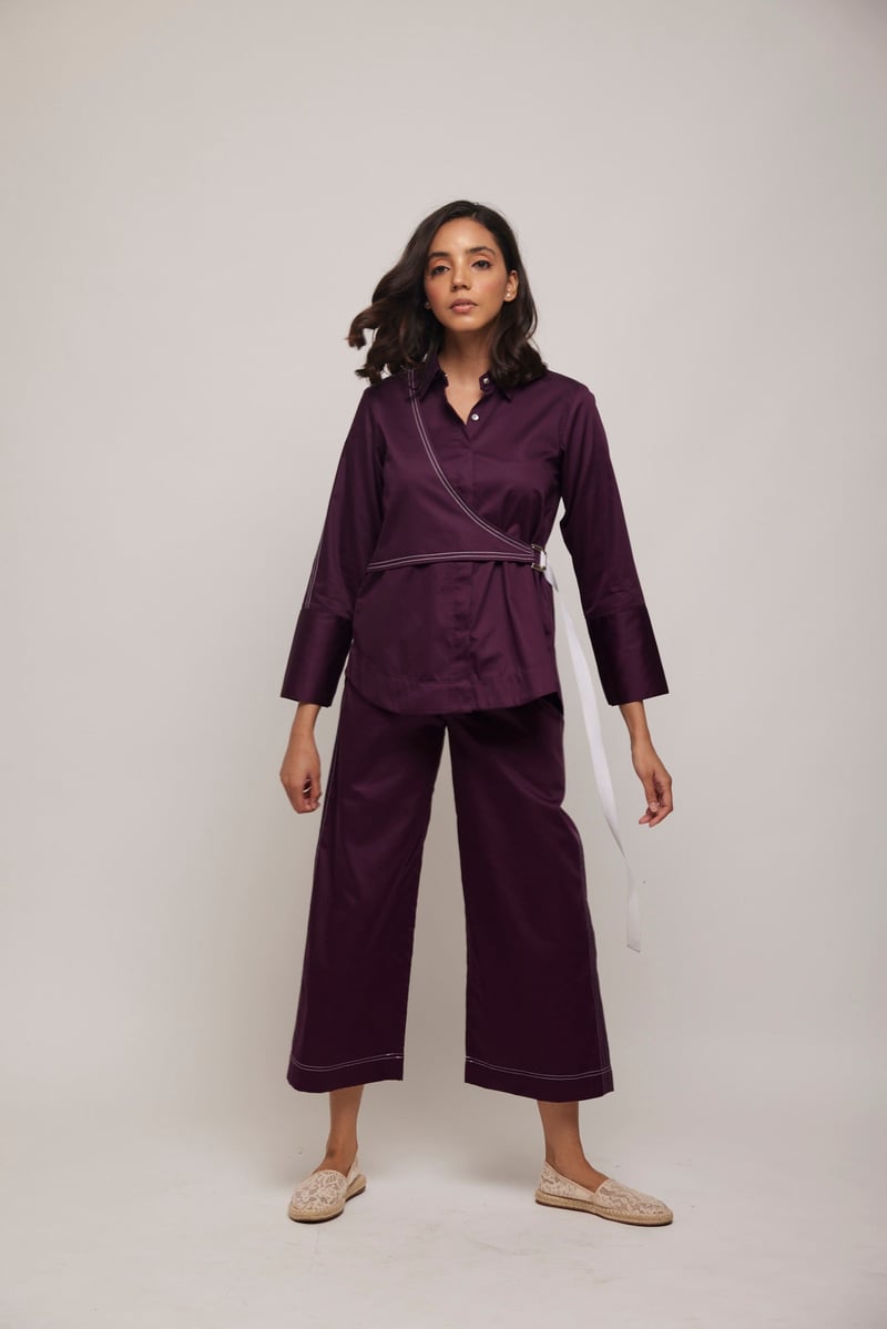 Purple Cotton Satin Shirt and Wide-Leg Pants Co-ord Set