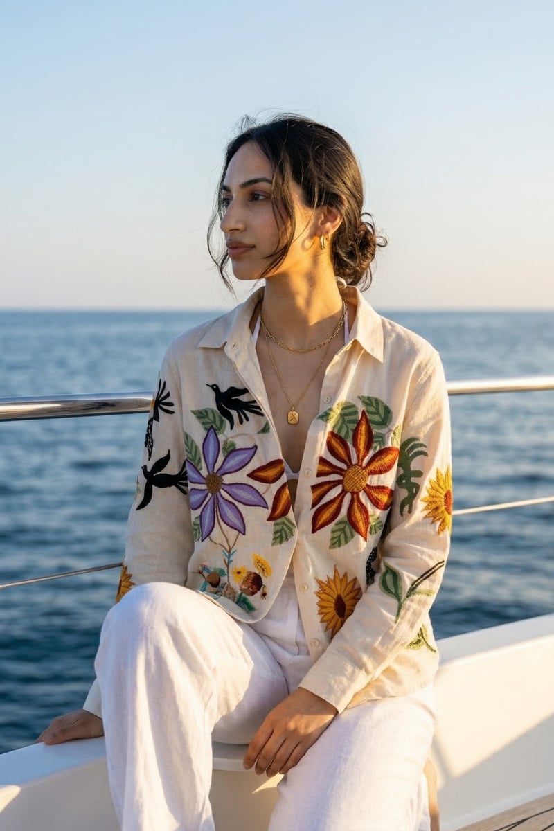 Beige Cotton Poplin Embroidered Button-Down Shirt