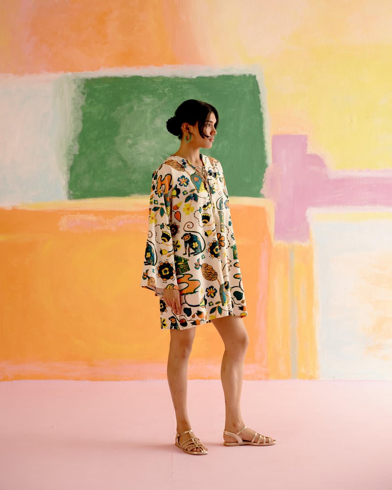 White Printed Poplin Mini Shift Dress with Tie-Up Neck