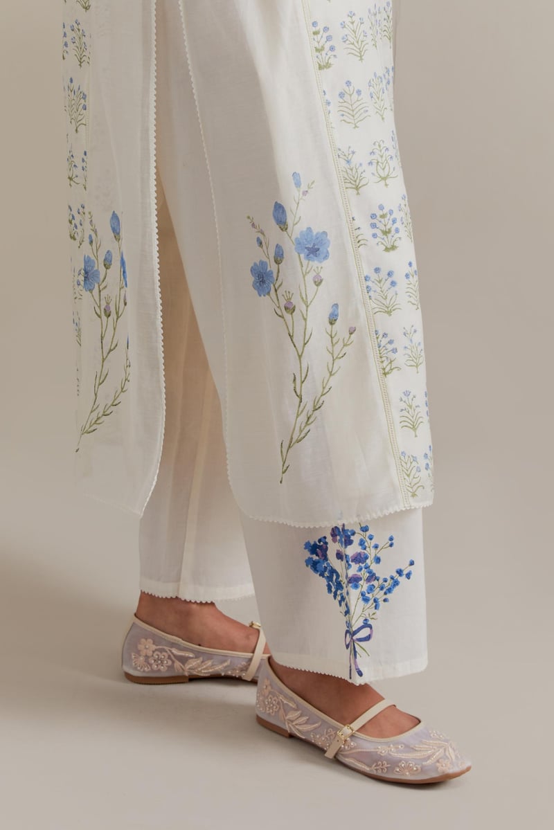 Off-White Floral Block Print Cotton Chanderi Kurta Set