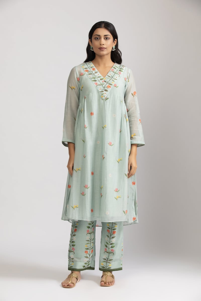 Ice Blue Floral A-Line Kurta Set with Embroidered V-Neck — Trendy Tokari