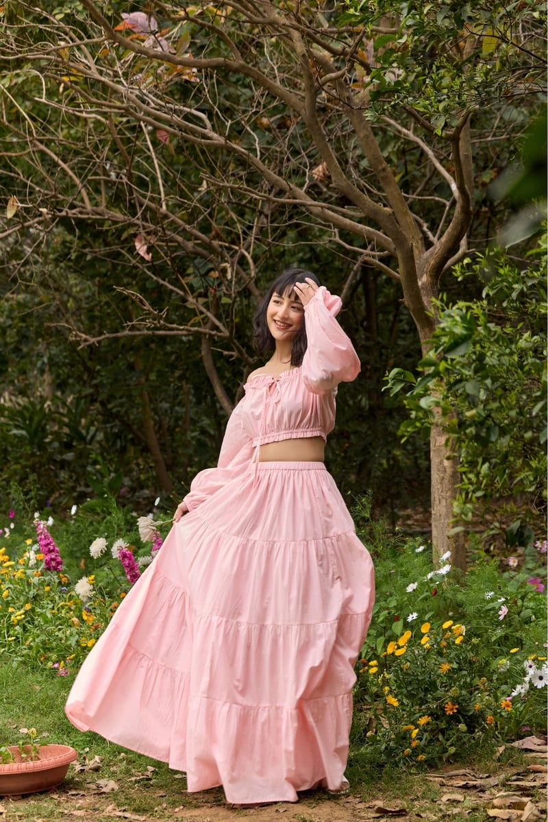 Pink High-Waist Tiered Maxi Skirt
