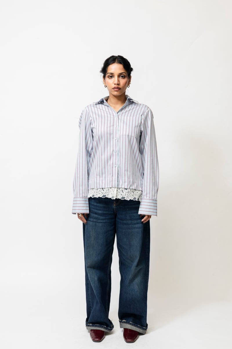Blue Red Striped Shirt with Detachable Lace Hem